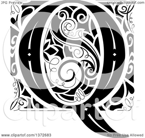 Clipart Of A Black And White Vintage Letter Q Monogram Royalty Free