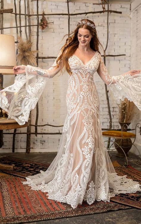 Boho Wedding Dress With Flared Bell Sleeves All Who Wander Wedding Dresses