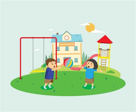 Children Playing Ball In Kindergarten Yard Illustration Vector Art
