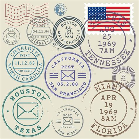 Set Of Usa Post Stamp Symbols Stock Vector Illustration Of Miami
