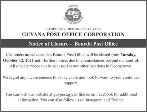 Guyana Post Office Corporation Notice Of Closure Bourda Post Office
