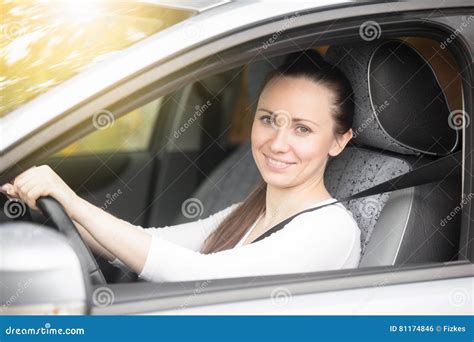 Portrait Of Smiling Lady Driver Showing Thumb Up Stock Photo Image Of