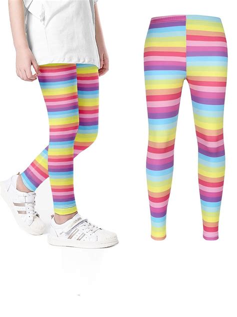 Girls Casual Long Rainbow Stripes Elastic Waist Leggings Pants Clothes