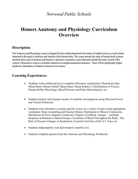 Honors Anatomy And Physiology Curriculum Overview