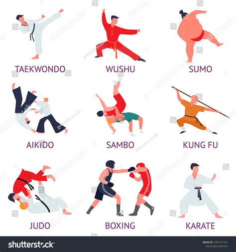 Set Fighters Engaged Martial Arts Fighters Stock Vector Royalty Free