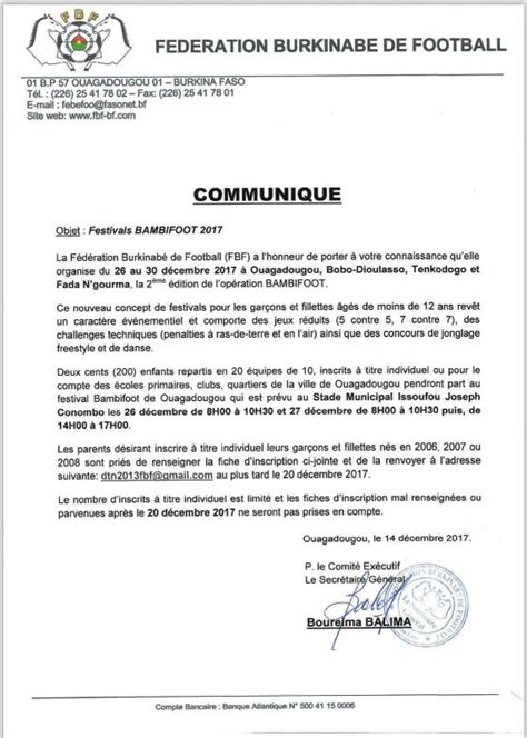 Communique FÉdÉration BurkinabÉ De Football Fasoamazone