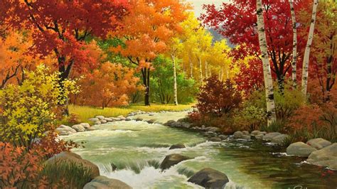 Download Wallpaper 1920x1080 Autumn Landscape Painting River Wood