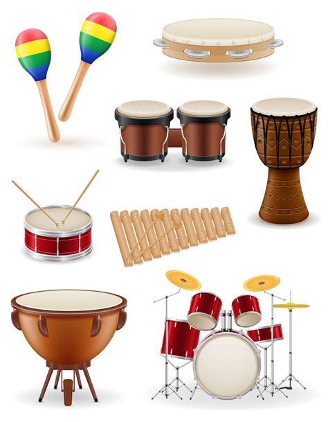 Un instrumento de percusión es un tipo de instrumento musical cuyo sonido se origina al ser golpeado o agitado. percussion musical instruments set icons stock vector ...