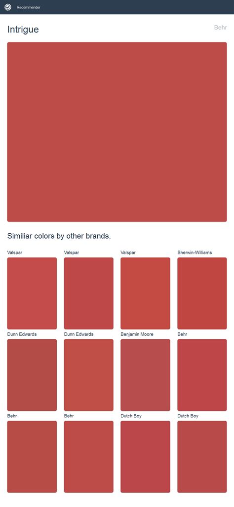 Benjamin moore is made to meet quality points, while behr is made to meet price points. Intrigue, Behr. Click the image to see similiar colors by ...