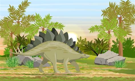 Stegosaurus In Prehistoric Forest Prehistoric Animals And Plants Stock