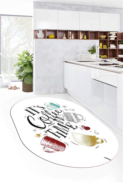 EY HOME Coffee Yazılı Renkli Fincan Desenli Yıkanabilir Kaymaz Oval