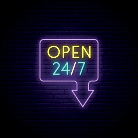 Open 24 7 Neon Sign Light Vector Banner Realistic Glowing Design