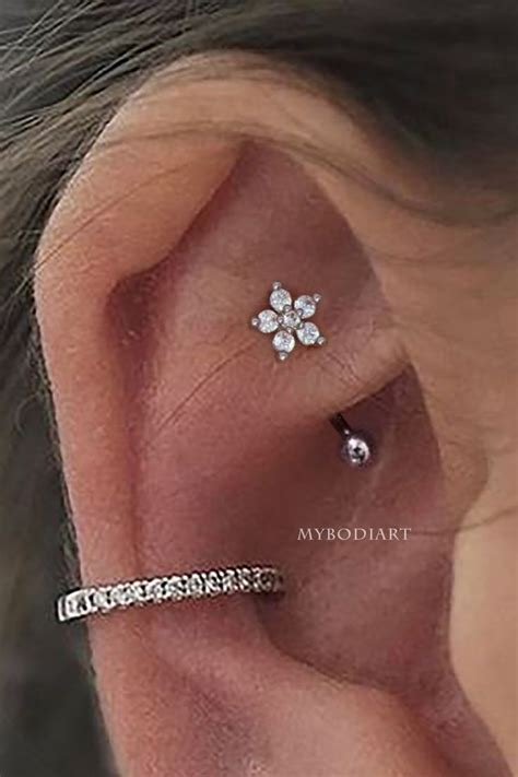Laurie Crystal Flower Rook Piercing Jewelry Curved Barbell Earring 16G