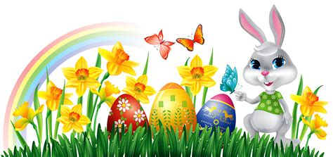 Easter Bunny With Daffodils Eggs And Grass Decor Png Clipart Picture