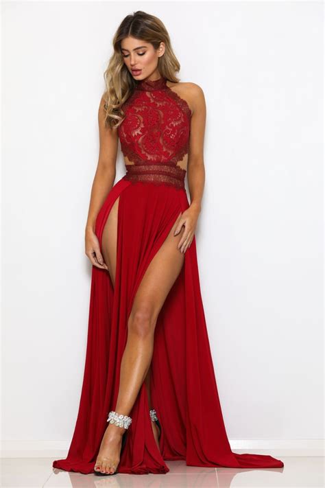 2020 Sexy Dress Summer Women Slit Lace High Waist Off Shoulder Black Red Slip Silk Long Dress