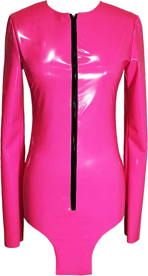 Hot Pink Stretch Vinyl Long Sleeve Zip Up Bodysuit Clothing
