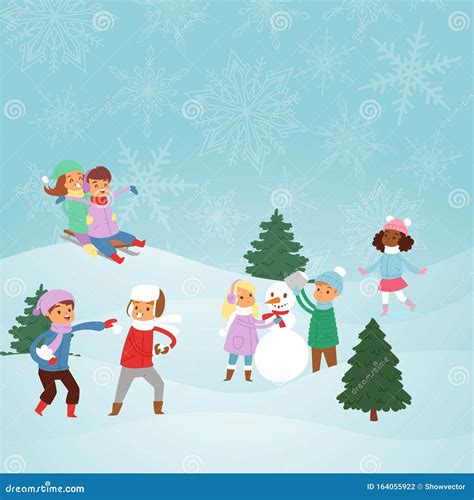 Kids Playing With Snow Outdoors In Park Vector Illustration Winter And