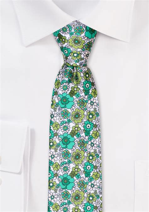 Green And White Floral Skinny Tie Skinny Necktie In White With Florals In Olive Moss And
