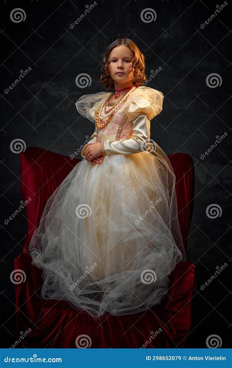 Portrait Of One Little Girl Kid Dressed Like Aristocratic Royal Person