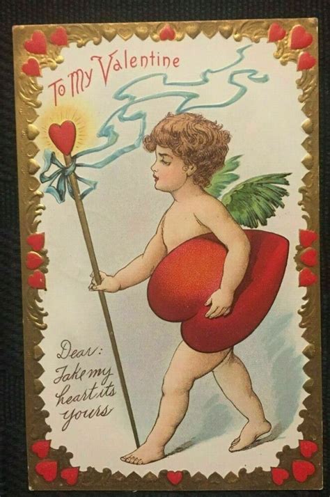 Cupid With Large Red Heart~antique Embossed~ Valentine Postcard~m892