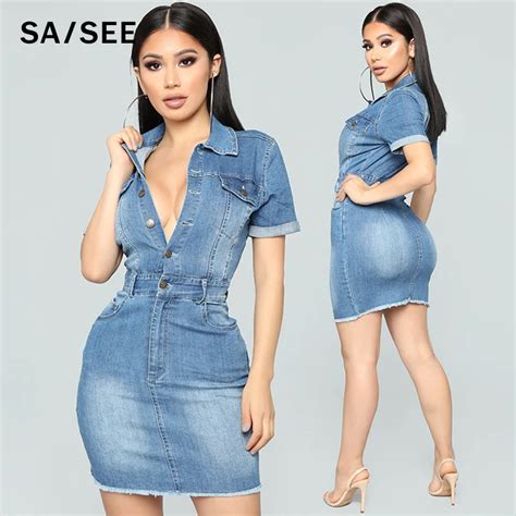 2018 New Arrival Spring Summer Women Denim Dresses Short Sleeves Pencil Dresses Plus Sizes Turn