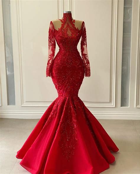 Arabic Aso Ebi Red Luxurious Lace Beaded Evening Dresses 2021 Red Shiny