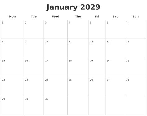 January 2029 Blank Calendar Pages
