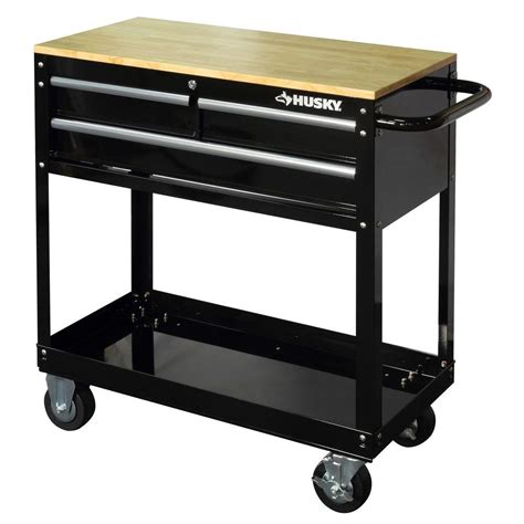 Husky 36 In 3 Drawer Rolling Tool Cart With Wood Top Black