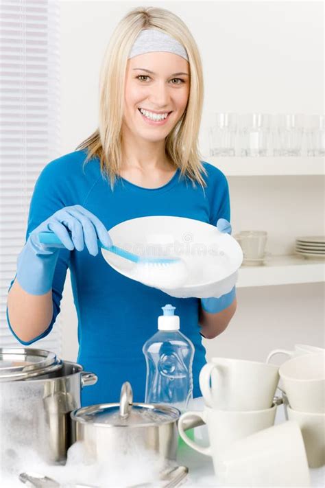 Modern Kitchen Happy Woman Washing Dishes Stock Image Image Of Blue
