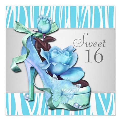 Silver Teal Blue Zebra Sweet 16 Birthday Party 525 Square Invitation Card Zazzle