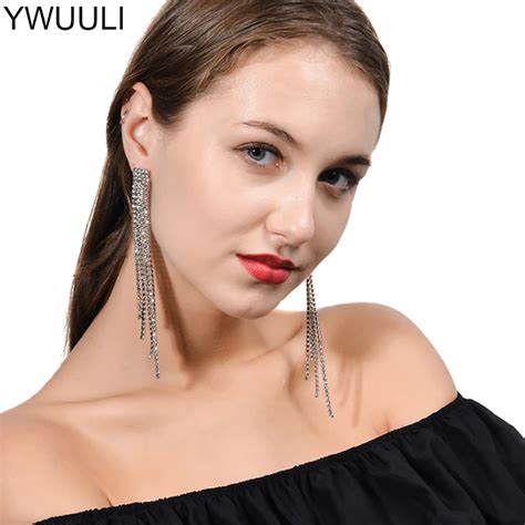 Ywuuli Korean Shiny Long Rhinestone Tassel Earrings For Women Diamante Dangle Earring