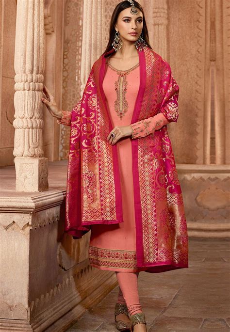 Light Pink Georgette Embroidered Straight Churidar Suit 12082 Fashion Churidar Suits