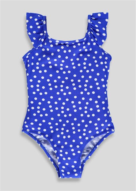 Girls Polka Dot Frill Swimming Costume 4 13yrs Blue Swimming
