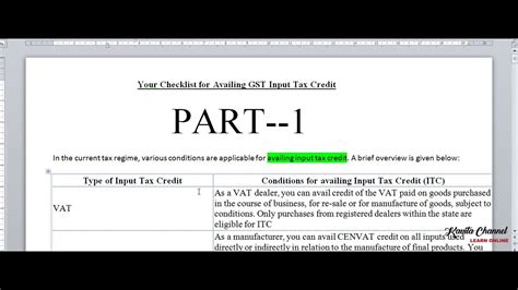 In simple words, input credit means at the time of paying tax on sales, you can reduce the tax you have already paid on purchases. Check list GST Input Tax credit PART 1 - YouTube
