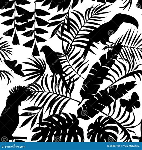 Tropical Birds Butterflies And Palm Leaves Silhouette Seamless Stock