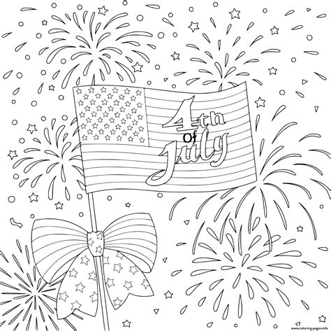 American Flag With Firework Happy 4th Of July Coloring Page Printable