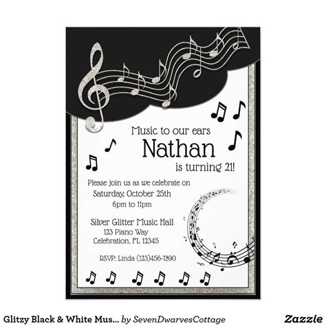 Glitzy Black And White Musical Notes Birthday Invitation By 7dcdesigns On
