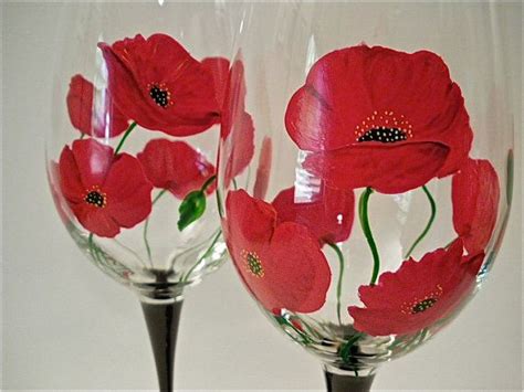 Red Poppies Hand Painted 16 Oz Wine Glasses Etsy Hand Painted Wine Glasses Red Poppies