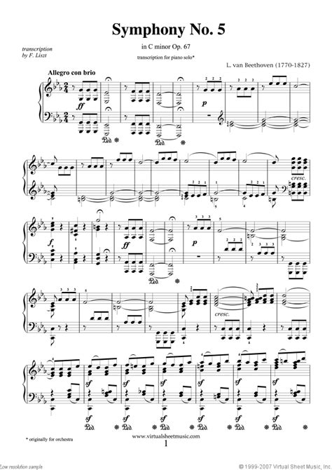 Beethoven Symphony No5 In C Minor Op67 Sheet Music For Piano Solo