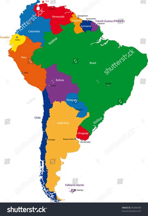 Colorful South America Map With Countries And Capital Cities Stock