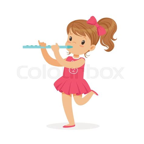 Sweet Little Girl Playing Flute Young Musician With Toy