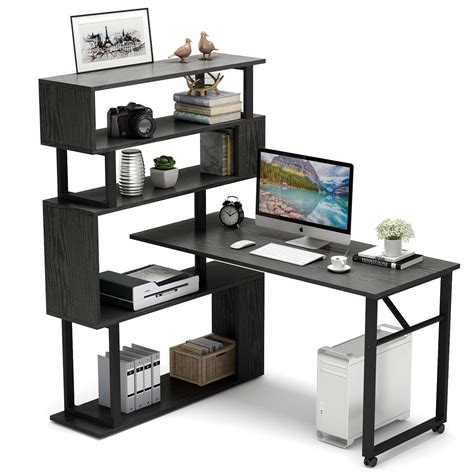 Rotating Computer Desk With 5 Shelves Bookshelf Modern L Shaped Corner