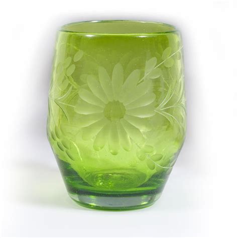Mexican Glassware Rose Ann Hall Etched Mexican Glassware Barrel Glass Green Mexican