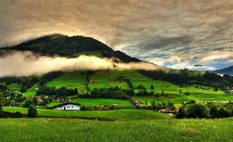 Hills Trees Landscape Grass Clouds Field Village Mountains Greenery