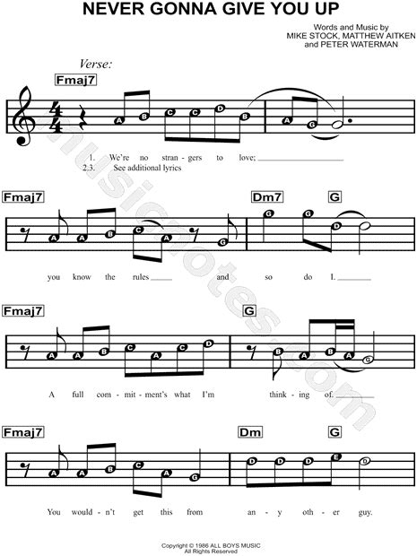 Rick Astley Never Gonna Give You Up Sheet Music For Beginners In C