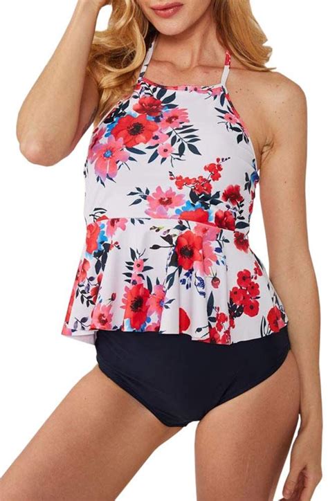 Misassy Womens High Waisted Peplum Swimsuit Set Ruffle Tankini Top Floral Two Piece Bathing
