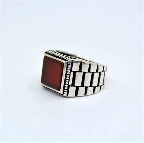 Red Aqeeq Square Silver Mens Ring Boutique Ottoman Exclusive