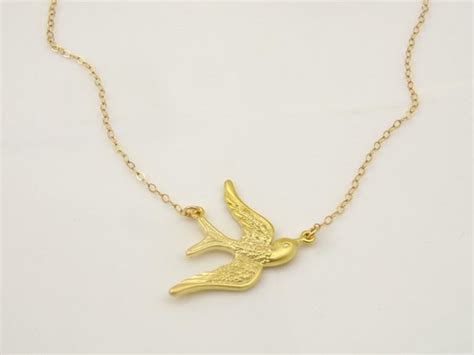 Flying Bird Necklace Gold Necklace Swallow By Crystalshadow