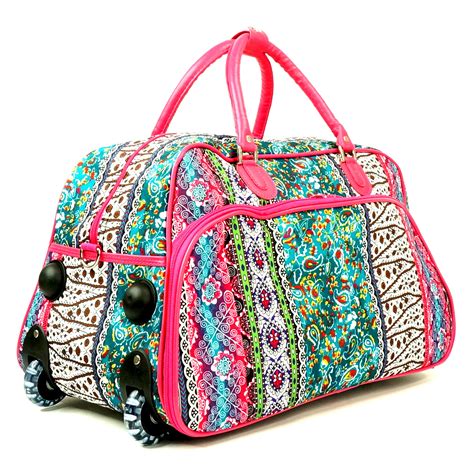 Womens Carry On 21 Boho Stripe Quilt Patterned Zippered Rolling Duffle Bag