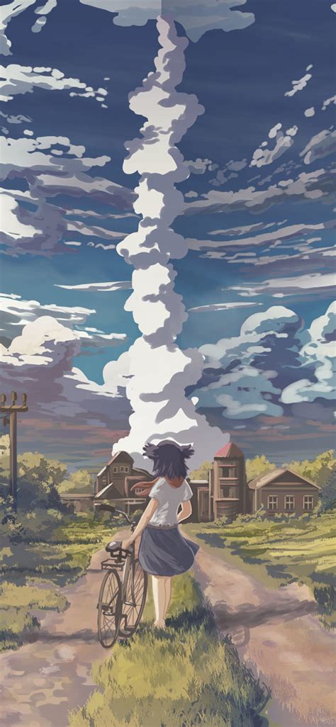 1125x2436 Anime Landscape Scenic Girl Clouds Forest Anime Scenery